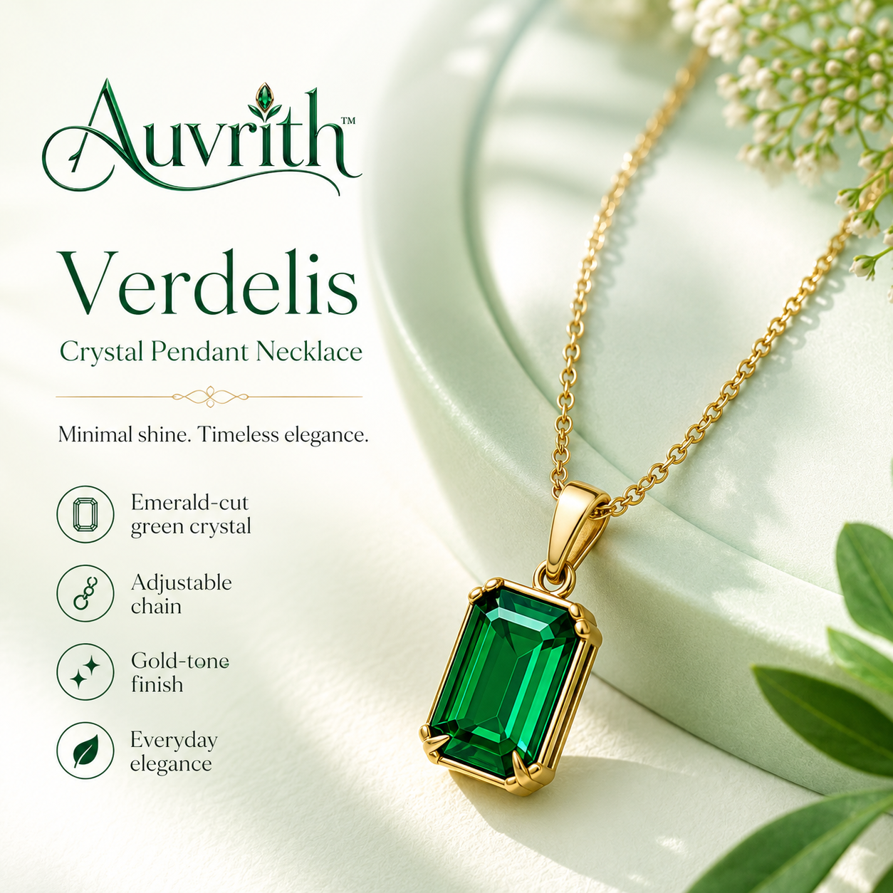 Auvrith™ Verdelis Emerald-Cut Crystal Pendant Necklace – Minimalist Green Gemstone Gold-Tone Jewelry