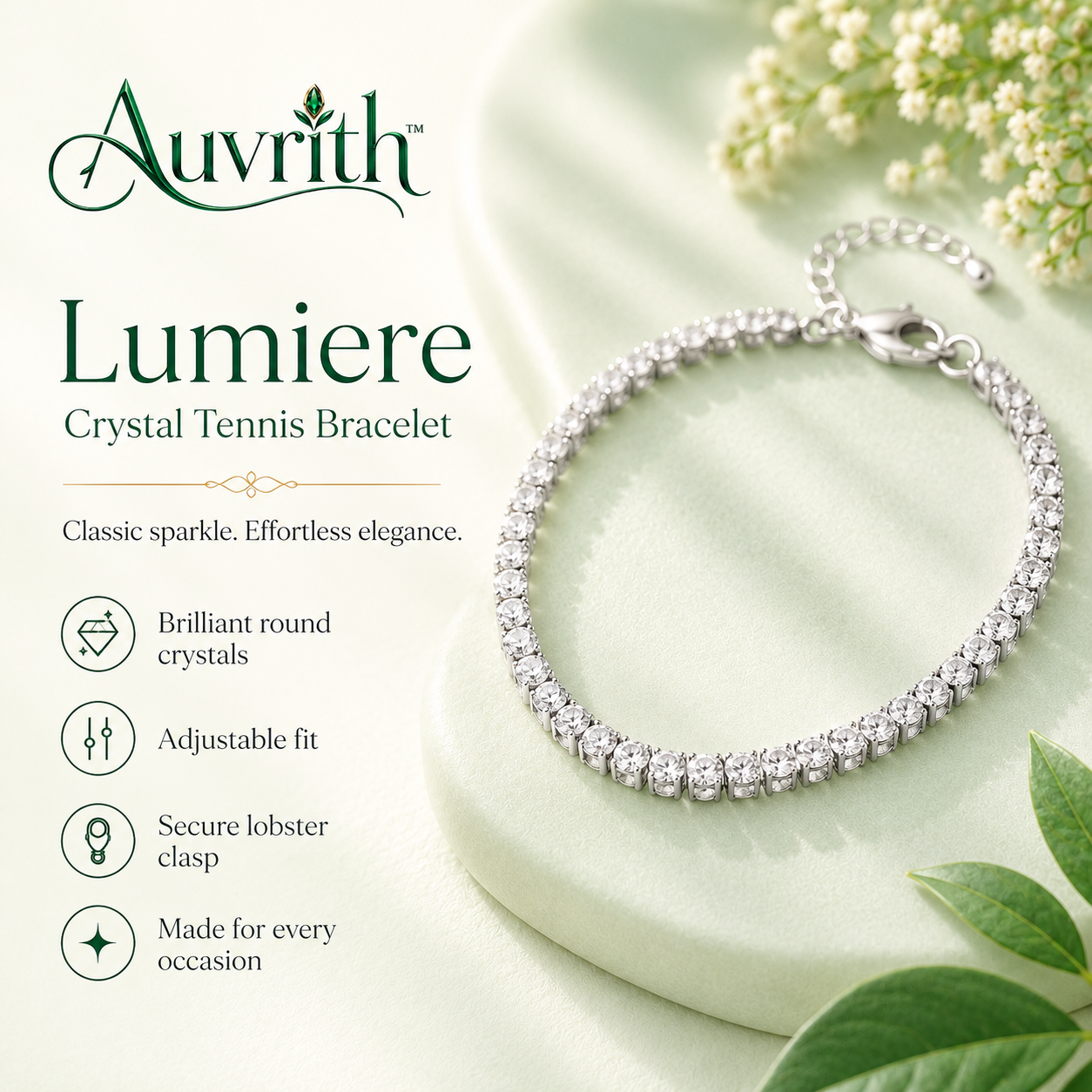 Auvrith™ Lumière Classic Crystal Tennis Bracelet – Adjustable Silver-Tone Rhinestone Evening Jewelry
