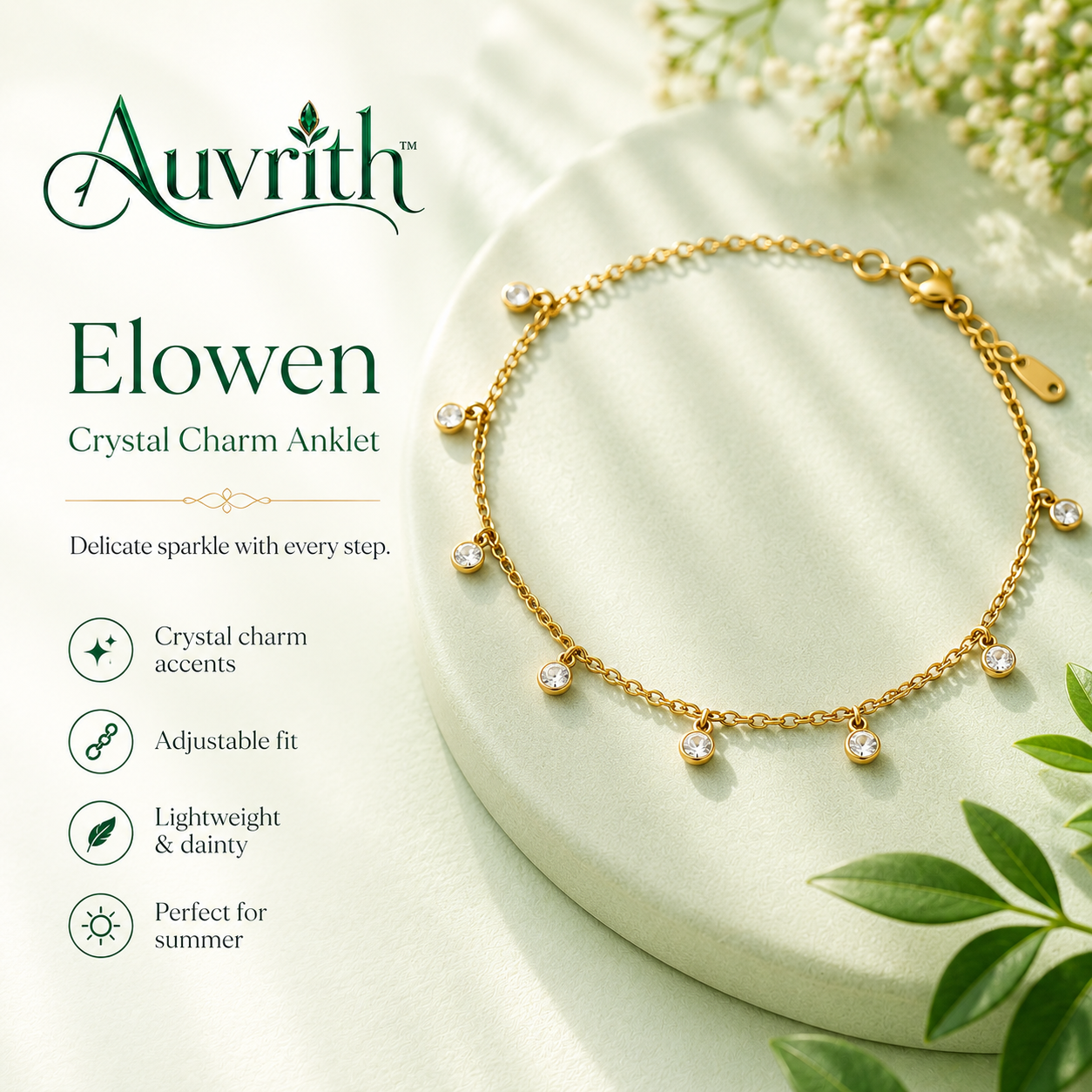 Auvrith™ Elowen Crystal Charm Anklet – Dainty Adjustable Gold-Tone Ankle Bracelet Summer Jewelry