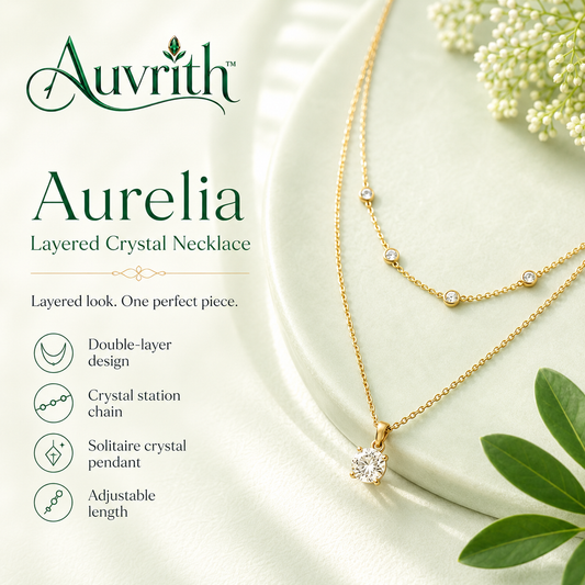 Auvrith™ Aurelia Layered Crystal Station Necklace – Double-Layer Gold-Tone Dainty Pendant Jewelry