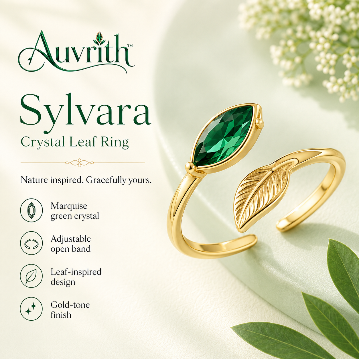Auvrith™ Sylvara Green Crystal Leaf Ring – Adjustable Gold-Tone Open Band Nature-Inspired Jewelry