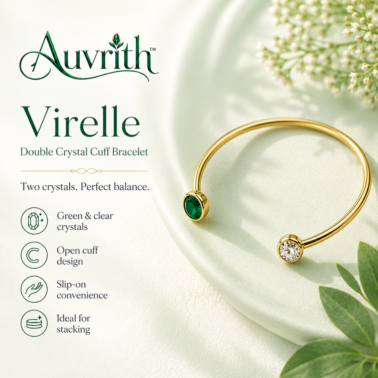 Auvrith™ Virelle Double Crystal Open Cuff Bracelet – Green Clear Stone Minimal Gold-Tone Bangle