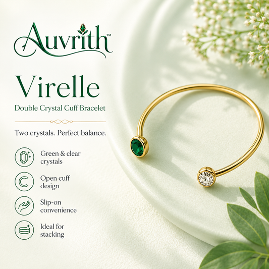 Auvrith™ Virelle Double Crystal Open Cuff Bracelet – Green Clear Stone Minimal Gold-Tone Bangle