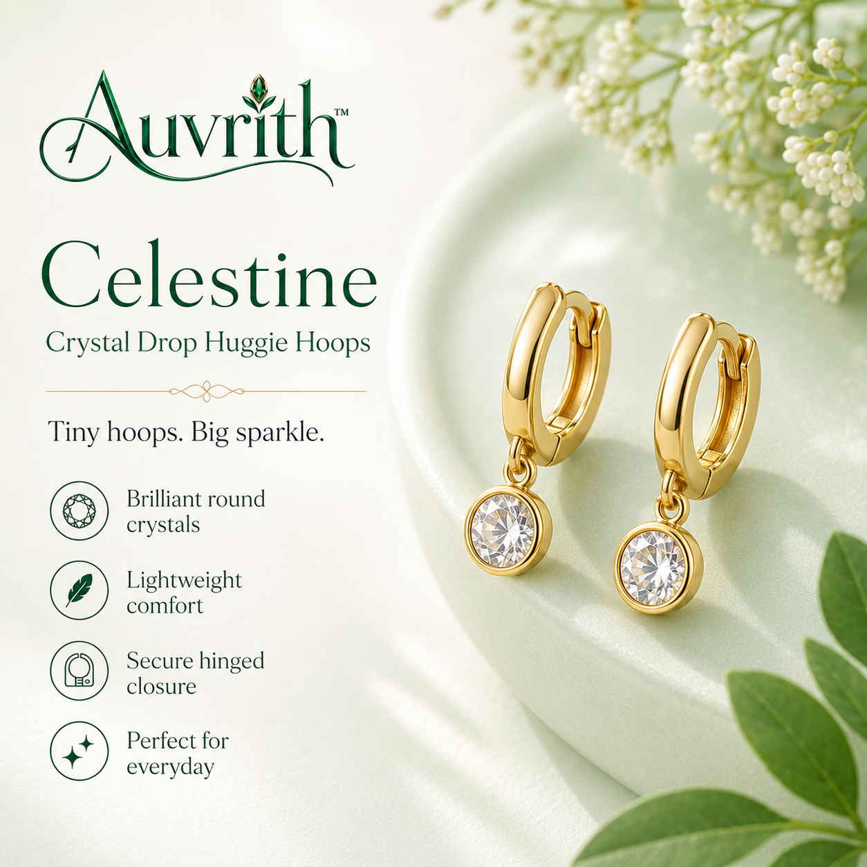 Auvrith™ Celestine Crystal Drop Huggie Hoop Earrings – Dainty Gold-Tone Minimal Sparkle Earrings