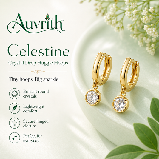 Auvrith™ Celestine Crystal Drop Huggie Hoop Earrings – Dainty Gold-Tone Minimal Sparkle Earrings